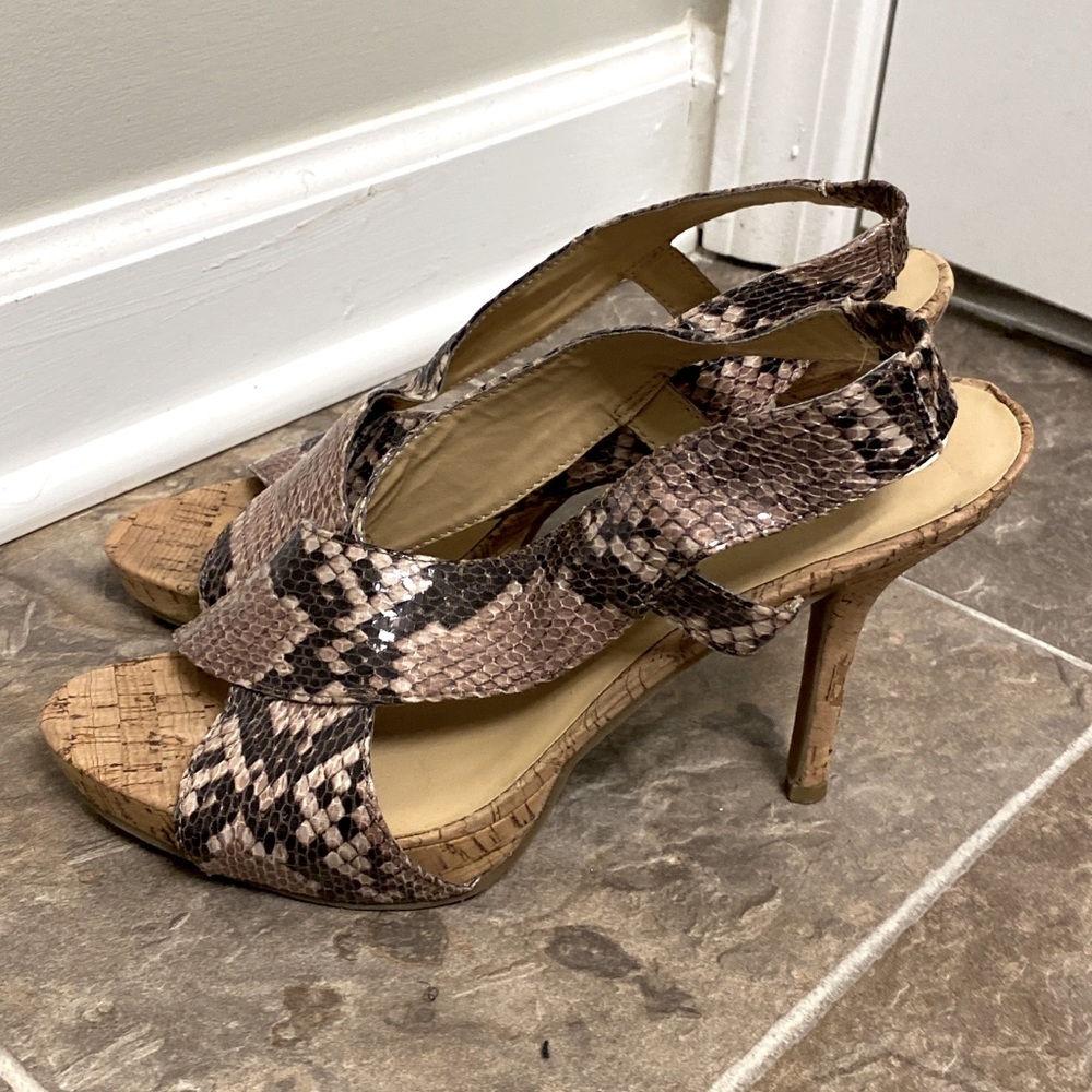 Nine West snakeskin print platform cork heel sandals.